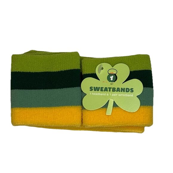 St Patrick's Day Green and Yellow Striped Headband and Wristband Set NEW! - Picture 1 of 5